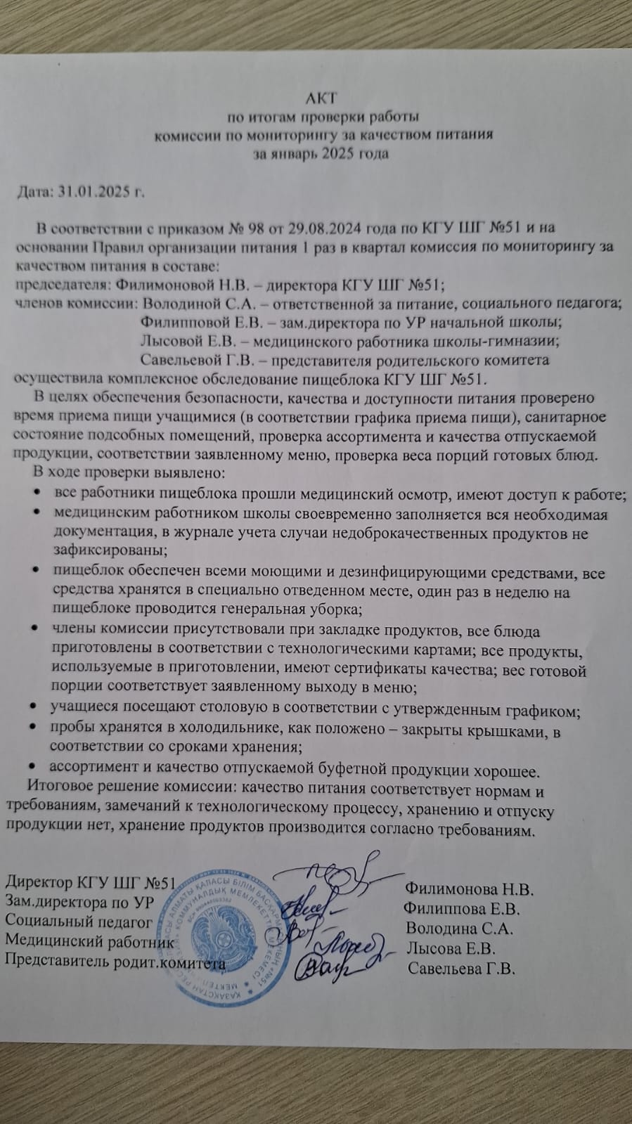 Бракераж комиссиясының актісі қаңтар 2025 жыл / Акт бракеражной комиссии январь 2025 год