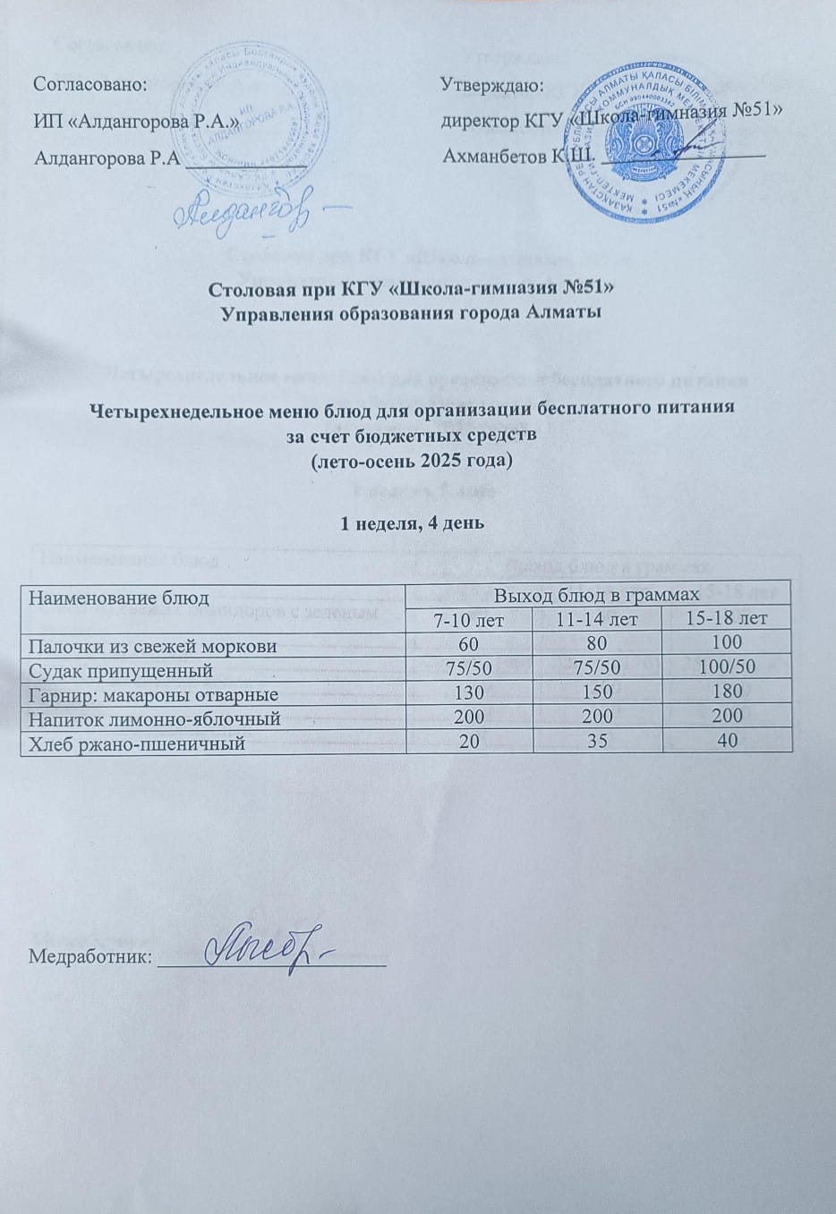 Мәзір 1 апта 4 күн / Меню 1 неделя 4 день
