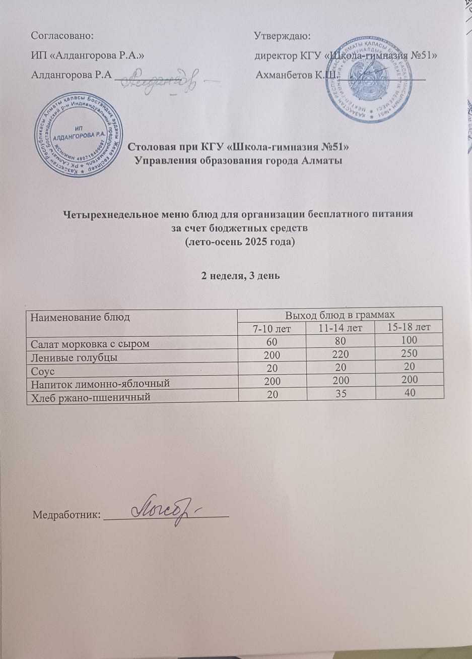 Мәзір 2 апта 3 күн / Меню 2 неделя 3 день