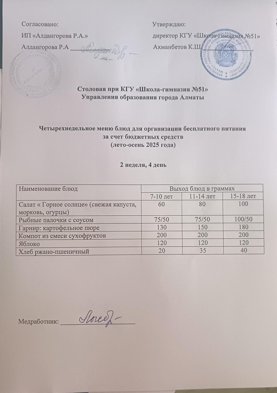 Мәзір 2 апта 4 күн / Меню 2 неделя 4 день