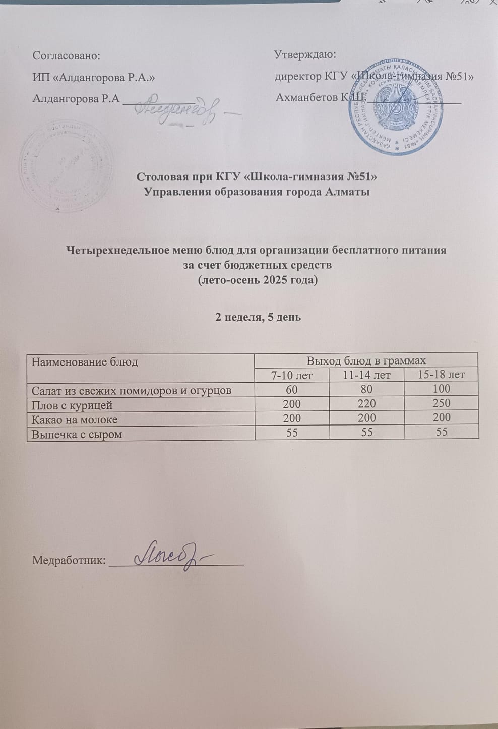 Мәзір 2 апта 5 күн / Меню 2 неделя 5 день