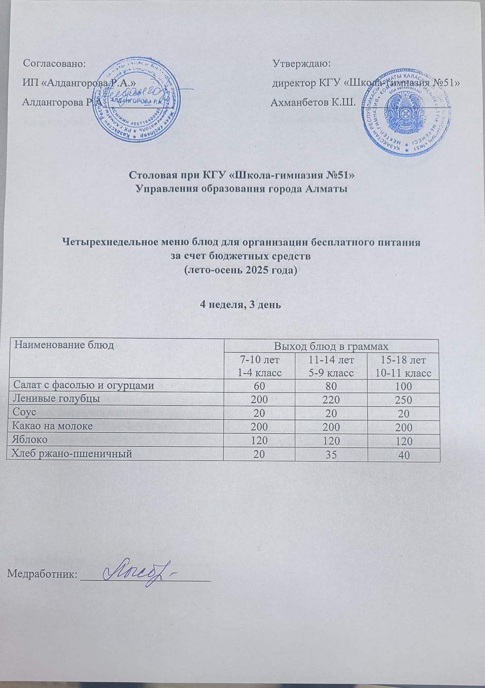Мәзір 4 апта 3 күн / Меню 4 неделя 3 день