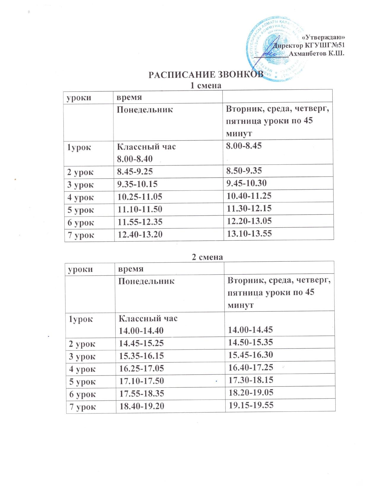 Қоңырау кестесі / Расписание звонков